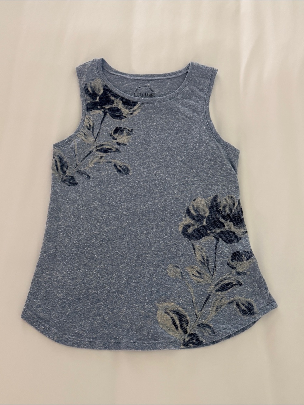 Lucky Brand Floral Graphic Knit Tank Top Size M Blue Heathered